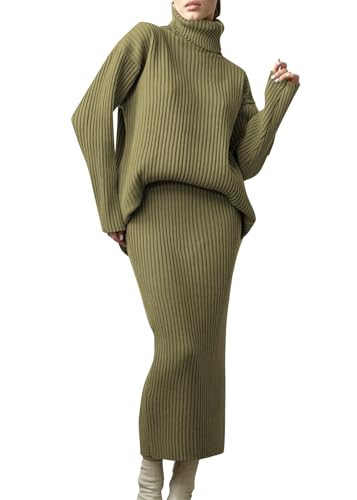 shownicer Damen Strickkleid Zweiteiliger Anzug Rollkragen Winterkleid Langarm Pullover und Maxi Strickrock Bodycon 2 Stück Set Sweater Midikleid Pullikleid Gestrickt Kleid Set C Grün M von shownicer