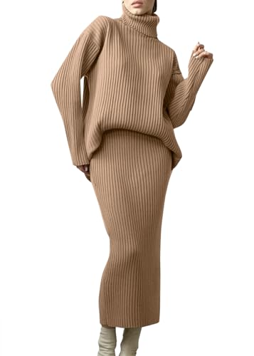 shownicer Damen Strickkleid Zweiteiliger Anzug Rollkragen Winterkleid Langarm Pullover und Maxi Strickrock Bodycon 2 Stück Set Sweater Midikleid Pullikleid Gestrickt Kleid Set C Khaki XL von shownicer