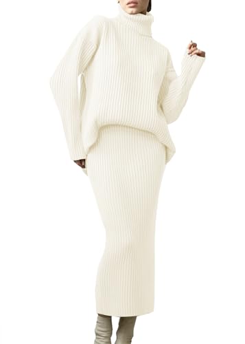 shownicer Damen Strickkleid Zweiteiliger Anzug Rollkragen Winterkleid Langarm Pullover und Maxi Strickrock Bodycon 2 Stück Set Sweater Midikleid Pullikleid Gestrickt Kleid Set C Weiß XL von shownicer