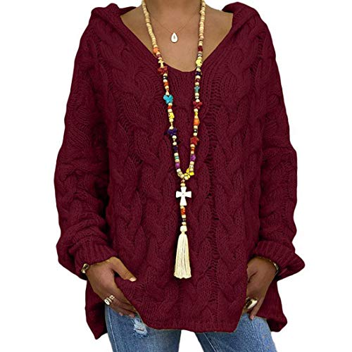 shownicer Damen Strickpullover Oversize Frauen Pullover Kapuze Langarm Shirt V-Ausschnitt Casual T-Shirt Sweater Herbst Winter (3XL, Weinrot, 3X_l) von shownicer