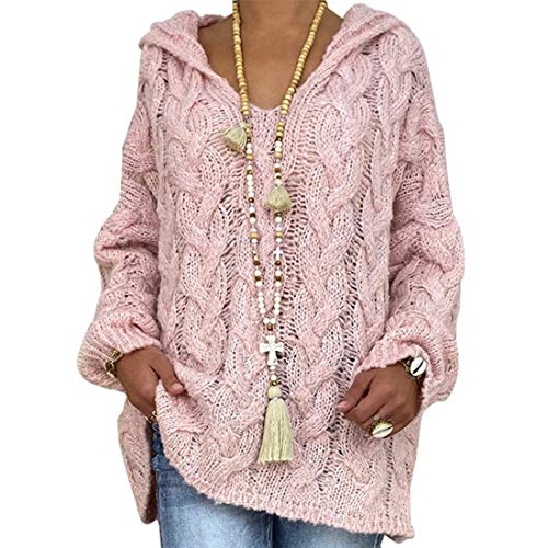 shownicer Damen Strickpullover Oversize Frauen Pullover Kapuze Langarm Shirt V-Ausschnitt Casual T-Shirt Sweater Herbst Winter Rosa L von shownicer