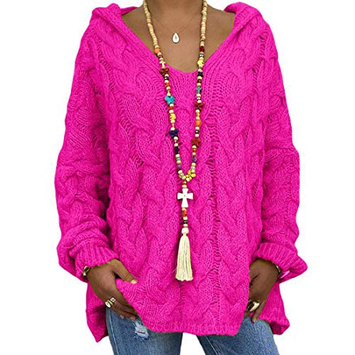 shownicer Damen Strickpullover Oversize Frauen Pullover Kapuze Langarm Shirt V-Ausschnitt Casual T-Shirt Sweater Herbst Winter Rose Rot XL von shownicer
