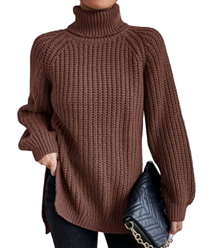 shownicer Damen Strickpullover Oversize Pullover Grobstrickpullover Sweatshirt Langarmshirt Rollkragen Casual Winter Top A Kaffee XL von shownicer