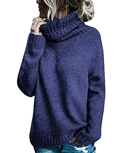shownicer Damen Strickpullover Sweater Rollkragen Pullover Kuscheliger Jumper Strick Pulli Oversize Blau M von shownicer