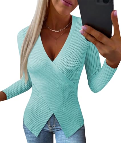 shownicer Damen Strickpullover V-Ausschnitt Langarm Strickpulli Stretch Gerippt Pulli Langarmshirt Slim Fit Sweater Pullover Herbst Winter C Blau S von shownicer