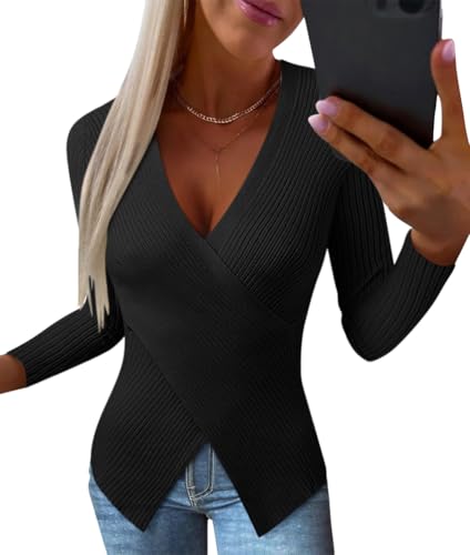 shownicer Damen Strickpullover V-Ausschnitt Langarm Strickpulli Stretch Gerippt Pulli Langarmshirt Slim Fit Sweater Pullover Herbst Winter C Schwarz M von shownicer