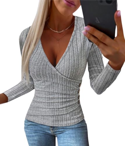 shownicer Damen Strickpullover mit V-Ausschnitt Basic Langarm Strickpulli Stretch Gerippt Pulli Langarmshirt Slim Fit Sweater Pullover für Herbst Winter A Grau L von shownicer
