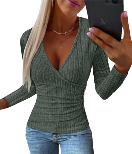 shownicer Damen Strickpullover mit V-Ausschnitt Basic Langarm Strickpulli Stretch Gerippt Pulli Langarmshirt Slim Fit Sweater Pullover für Herbst Winter A Grün XL von shownicer
