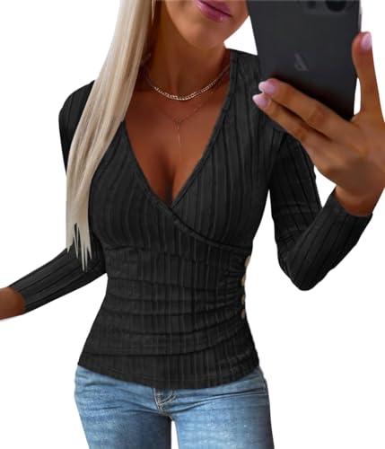 shownicer Damen Strickpullover mit V-Ausschnitt Basic Langarm Strickpulli Stretch Gerippt Pulli Langarmshirt Slim Fit Sweater Pullover für Herbst Winter A Schwarz XL von shownicer