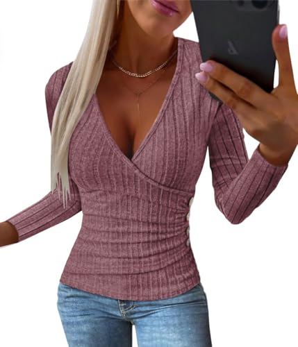 shownicer Damen Strickpullover mit V-Ausschnitt Basic Langarm Strickpulli Stretch Gerippt Pulli Langarmshirt Slim Fit Sweater Pullover für Herbst Winter A Weinrot M von shownicer