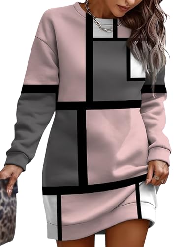 shownicer Damen Sweatkleid Langarm Kleider Sweatshirt Dress Lässig Sportliche Longshirt Tops Minikleider Herbst B Rosa S von shownicer