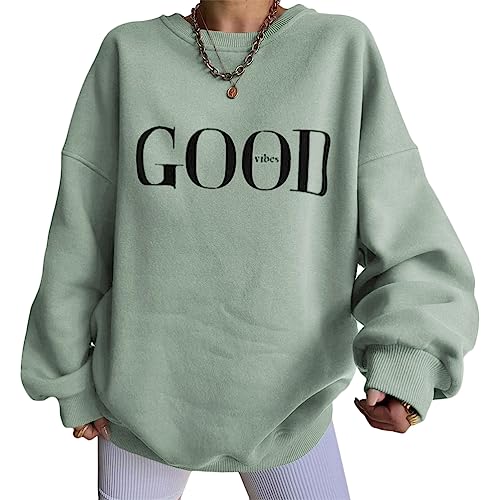 shownicer Damen Sweatshirt Briefe Drucken Langarm Rundhals Pullover Warm Pulli Oversized Casual Bequem Teenager Mädchen Hoodie Sportbekleidung E Grün M von shownicer