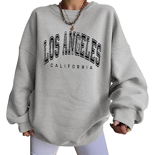 shownicer Damen Sweatshirt Briefe Drucken Langarm Rundhals Pullover Warm Pulli Oversized Casual Bequem Teenager Mädchen Hoodie Sportbekleidung G Grau XS von shownicer