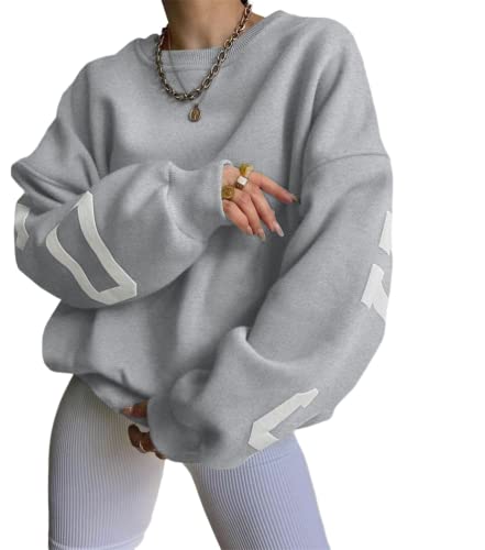 shownicer Damen Sweatshirt Rückseite Briefe Drucken Langarm Rundhals Pullover Warm Pulli Oversized Casual Bequem Teenager Mädchen Hoodie Sportbekleidung A Hellgrau XL von shownicer