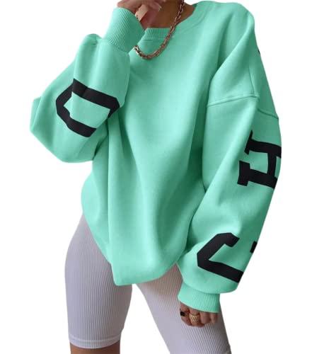 shownicer Damen Sweatshirt Rückseite Briefe Drucken Langarm Rundhals Pullover Warm Pulli Oversized Casual Bequem Teenager Mädchen Hoodie Sportbekleidung A Hellgrün L von shownicer