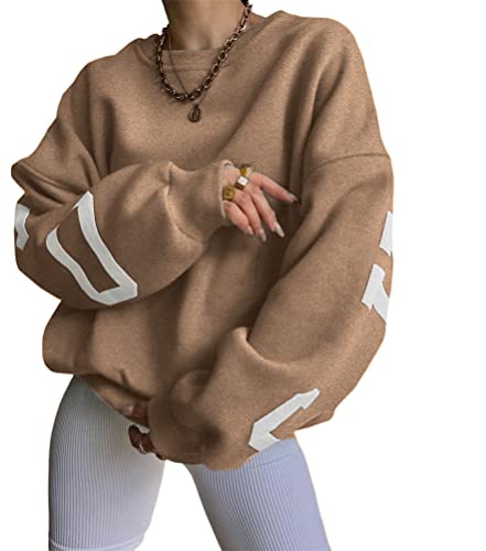 shownicer Damen Sweatshirt Rückseite Briefe Drucken Langarm Rundhals Pullover Warm Pulli Oversized Casual Bequem Teenager Mädchen Hoodie Sportbekleidung A Kaffee M von shownicer