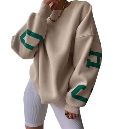 shownicer Damen Sweatshirt Rückseite Briefe Drucken Langarm Rundhals Pullover Warm Pulli Oversized Casual Bequem Teenager Mädchen Hoodie Sportbekleidung A Khaki L von shownicer