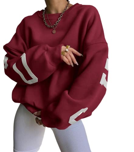 shownicer Damen Sweatshirt Rückseite Briefe Drucken Langarm Rundhals Pullover Warm Pulli Oversized Casual Bequem Teenager Mädchen Hoodie Sportbekleidung A Weinrot L von shownicer