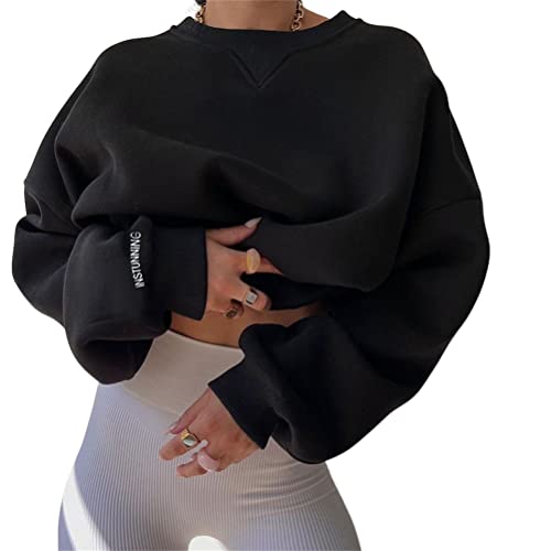 shownicer Damen Sweatshirt Rückseite Briefe Drucken Langarm Rundhals Pullover Warm Pulli Oversized Casual Bequem Teenager Mädchen Hoodie Sportbekleidung B Schwarz L von shownicer