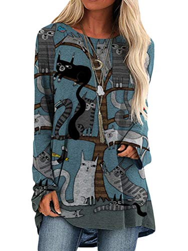 shownicer Damen Sweatshirt Tunika Top Langarm Oberteile Cartoon Druck 3D Katzen-Muster Rundhals Langarmshirt Lose Bluse T-Shirt D Blau 3XL von shownicer