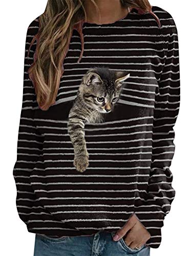 shownicer Damen Sweatshirt Winter Tshirt Langarm Top Cartoon 3D Druck Katzen-Muster Langarmshirt Weihnachten Pulli Freizeit Bluse Herbst Shirts Hemd Rundhals Pullover A Schwarz 1 M von shownicer