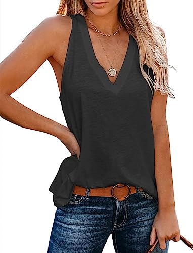 shownicer Damen Tank Top Sommer Ärmellose T Shirt V-Ausschnitt Weste Bluse Basic Oberteile Tunika Casual Lose Shirt Tops A Schwarz L von shownicer