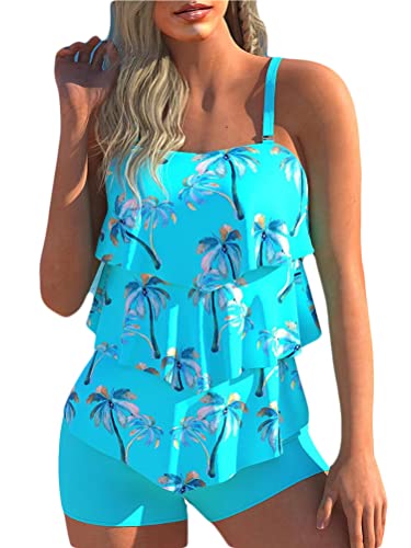 shownicer Damen Tankini Volants Badeanzug mit Badeshorts Zwei Teilig Bademode Push up Tankini Set Bauchweg Drucken Beachwear Zweiteiler Tankini Set A Blau XL von shownicer