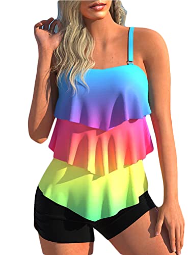 shownicer Damen Tankini Volants Badeanzug mit Badeshorts Zwei Teilig Bademode Push up Tankini Set Bauchweg Drucken Beachwear Zweiteiler Tankini Set A Gelb M von shownicer