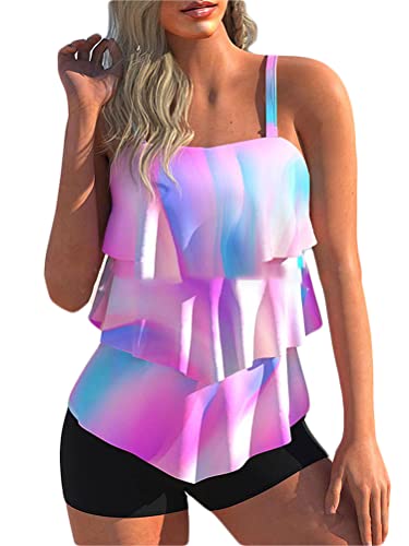 shownicer Damen Tankini Volants Badeanzug mit Badeshorts Zwei Teilig Bademode Push up Tankini Set Bauchweg Drucken Beachwear Zweiteiler Tankini Set A Rosa XL von shownicer