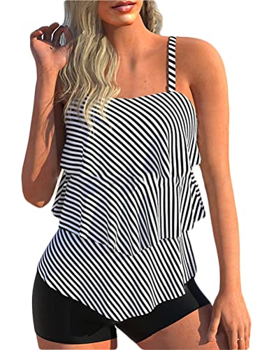 shownicer Damen Tankini Volants Badeanzug mit Badeshorts Zwei Teilig Bademode Push up Tankini Set Bauchweg Drucken Beachwear Zweiteiler Tankini Set A Schwarz XL von shownicer