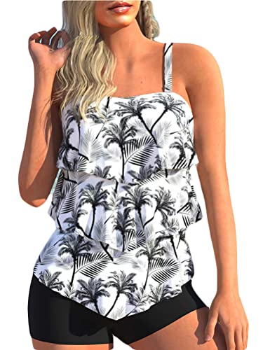 shownicer Damen Tankini Volants Badeanzug mit Badeshorts Zwei Teilig Bademode Push up Tankini Set Bauchweg Drucken Beachwear Zweiteiler Tankini Set A Weiß XXL von shownicer