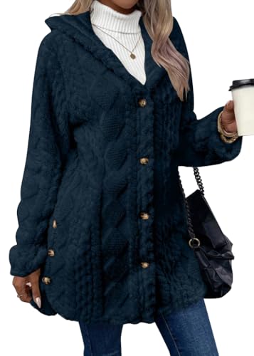 shownicer Damen Teddy-Fleece Kapuzenmantel Flauschig Plüschjacke Warme Wintermantel Dicke Winterjacke Kapuzenjacke Einfarbig Fleecejacke Teddyjacke Cardigan A Dunkelblau XL von shownicer