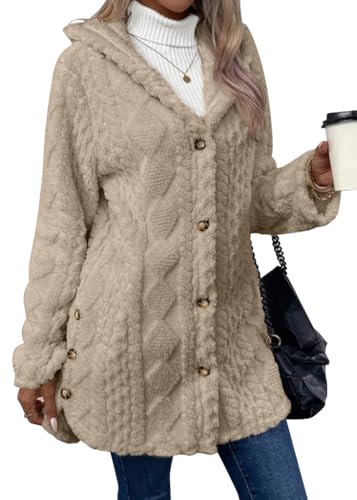 shownicer Damen Teddy-Fleece Kapuzenmantel Flauschig Plüschjacke Warme Wintermantel Dicke Winterjacke Kapuzenjacke Einfarbig Fleecejacke Teddyjacke Cardigan A Khaki M von shownicer