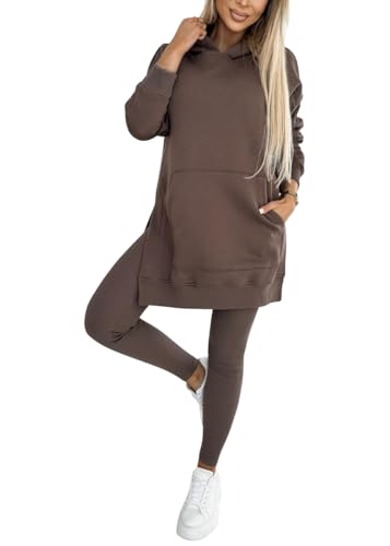 shownicer Damen Tracksuit Langarm Einfarbig Zweiteiler Outfit Hoodie Trainingsanzug Set Kapuzenpullover + Jogginghose A Kaffee L von shownicer