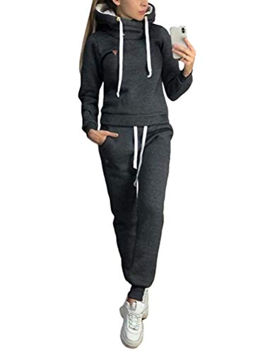 shownicer Damen Trainingsanzug Mode Langarm Kapuzenpullover Sweatshirt mit Lange Hose Casual Jogginganzug Sportanzug mit Warm Gefüttert Winter Herbst 2 Stück Set Hoodie A Schwarz L von shownicer