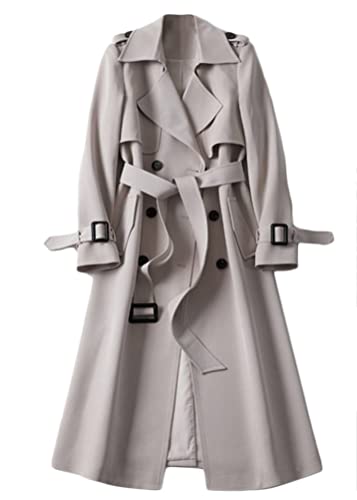 shownicer Damen Trenchcoat Elegant Mode Jacke Cardigan Zweireiher Langer Mantel Winddichter Wintermantel Windjacke Übergangsmantel mit Taschen Einfarbig Revers Damenmantel mit Knöpfen A Beige 3XL von shownicer