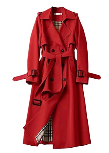 shownicer Damen Trenchcoat Jacke Cardigan Zweireiher Langer Mantel Winddichter Wintermantel Windjacke Übergangsmantel mit Taschen Einfarbig Revers Damenmantel mit Knöpfen A Rot 3XL von shownicer