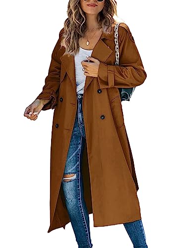 shownicer Damen Trenchcoat Elegant Mode Jacke Cardigan Zweireiher Langer Mantel Winddichter Wintermantel Windjacke Übergangsmantel mit Taschen Einfarbig Revers Damenmantel mit Knöpfen B Braun L von shownicer