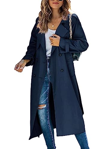 shownicer Damen Trenchcoat Elegant Mode Jacke Cardigan Zweireiher Langer Mantel Winddichter Wintermantel Windjacke Übergangsmantel mit Taschen Einfarbig Revers Damenmantel mit Knöpfen B Dunkelblau M von shownicer