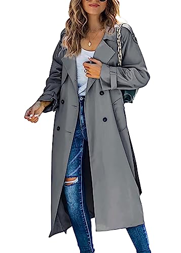 shownicer Damen Trenchcoat Elegant Mode Jacke Cardigan Zweireiher Langer Mantel Winddichter Wintermantel Windjacke Übergangsmantel mit Taschen Einfarbig Revers Damenmantel mit Knöpfen B Grau L von shownicer