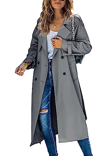 shownicer Damen Trenchcoat Jacke Cardigan Zweireiher Langer Mantel Winddichter Wintermantel Windjacke Übergangsmantel mit Taschen Einfarbig Revers Damenmantel mit Knöpfen B Grau XXL von shownicer