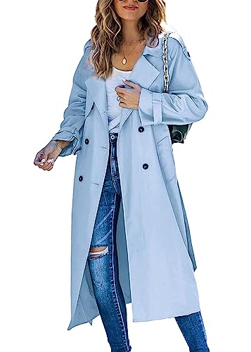 shownicer Damen Trenchcoat Elegant Mode Jacke Cardigan Zweireiher Langer Mantel Winddichter Wintermantel Windjacke Übergangsmantel mit Taschen Einfarbig Revers Damenmantel mit Knöpfen B Hellblau XXL von shownicer