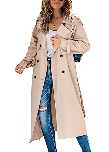 shownicer Damen Trenchcoat Elegant Mode Jacke Cardigan Zweireiher Langer Mantel Winddichter Wintermantel Windjacke Übergangsmantel mit Taschen Einfarbig Revers Damenmantel mit Knöpfen B Khaki L von shownicer