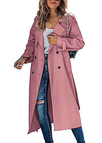 shownicer Damen Trenchcoat Elegant Mode Jacke Cardigan Zweireiher Langer Mantel Winddichter Wintermantel Windjacke Übergangsmantel mit Taschen Einfarbig Revers Damenmantel mit Knöpfen B Rosa L von shownicer