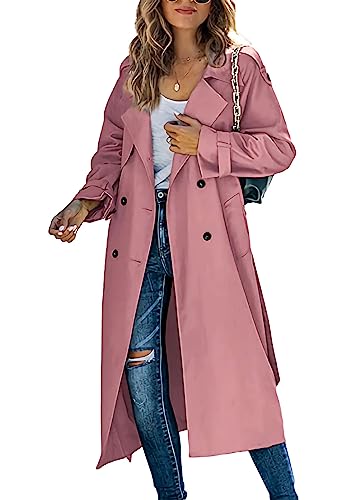 shownicer Damen Trenchcoat Jacke Cardigan Zweireiher Langer Mantel Winddichter Wintermantel Windjacke Übergangsmantel mit Taschen Einfarbig Revers Damenmantel mit Knöpfen B Rosa M von shownicer