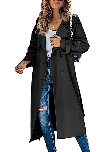 shownicer Damen Trenchcoat Elegant Mode Jacke Cardigan Zweireiher Langer Mantel Winddichter Wintermantel Windjacke Übergangsmantel mit Taschen Einfarbig Revers Damenmantel mit Knöpfen B Schwarz L von shownicer