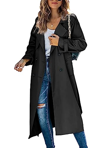 shownicer Damen Trenchcoat Jacke Cardigan Zweireiher Langer Mantel Winddichter Wintermantel Windjacke Übergangsmantel mit Taschen Einfarbig Revers Damenmantel mit Knöpfen B Schwarz XL von shownicer