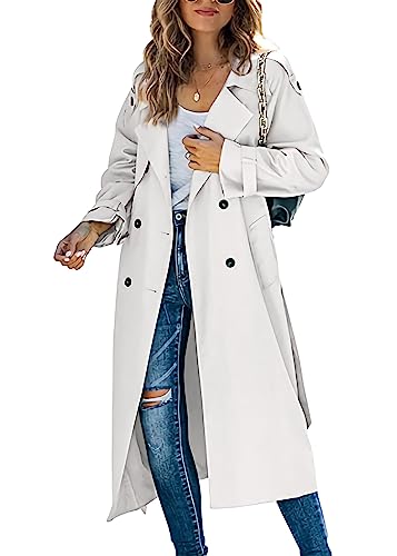 shownicer Damen Trenchcoat Elegant Mode Jacke Cardigan Zweireiher Langer Mantel Winddichter Wintermantel Windjacke Übergangsmantel mit Taschen Einfarbig Revers Damenmantel mit Knöpfen B Weiß L von shownicer