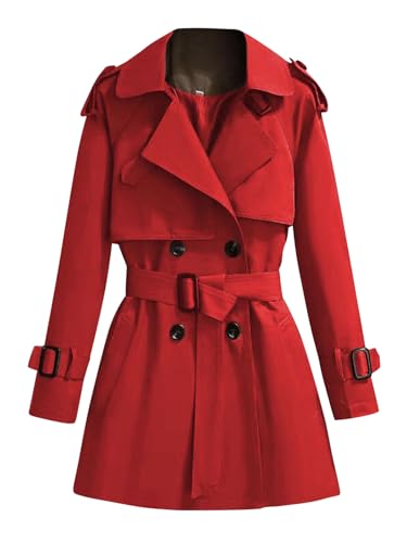 shownicer Damen Trenchcoat Herbst Winter Mantel Winddichter Windjacke Übergangsmantel mit Taschen Einfarbig Revers Damenmantel Wintermantel A Rot XL von shownicer