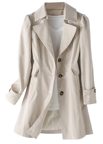 shownicer Damen Trenchcoat Jacke Cardigan Langer Mantel Winddichter Wintermantel Windjacke Übergangsmantel mit Taschen Einfarbig Revers Damenmantel mit Knöpfen A Beige S von shownicer